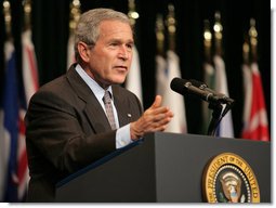  President George W. Bush delivers remarks Tuesday, May 1, 2007, to the CENTCOM Coalition Conference at MacDill Air Force Base in Tampa. Said the President, "These are difficult times. These are tough times. These are times that require hard work and courage and faith in the ability of liberty to yield the pace we want."  White House photo by Eric Draper