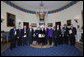 President George W. Bush and Mrs. Laura Bush stand with the recipients of the 2008 National Medal of Arts and Presidential Citizen Medal recipients in the Blue Room at the White House Monday, Nov., 17, 2008. Pictured from left, Henry 'Hank' Jones, Jr., jazz musician; Wayne Reynolds, president of the board of the Ford's Theatre Society; Stan Lee, legendary comic book creator; Paul Tetreault, director of the Ford's Theatre Society; Olivia de Havilland, actress; Carla Maxwell, artistic director of Jose Limon Dance Foundation; Hazel O'Leary, president of Fisk University and Paul Kwami, musical director for Fisk University Jubilee Singers; Dana Gioia, chairman of the National Endowment for the Arts; Adair Wakefield Margo, chairman for the President's Committee on Arts and Humanities; Jesus Moroles, sculptor; and Robert Capanna, of the Presser Foundation. White House photo by Chris Greenberg