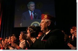 President George W. Bush addresses the 85th Annual American Legion Convention in St. Louis, Mo., Tuesday, Aug. 26, 2003. "In the 20th century, the American flag and the American uniform stood for something unique in history," President Bush said in his remarks. "America's armed forces humbled tyrants and raised up and befriended nations that once fought against us."  White House photo by Paul Morse