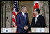 President George W. Bush and Prime Minister Yasuo Fukuda of Japan shake hands after their joint press availability Sunday, July 6, 2008, in Toyako on the northern Japanese Island of Hokkaido.