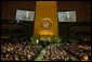 President George W. Bush addresses the United Nations Headquarters in New York City Tuesday, Sept. 21, 2004. "Defending our ideals is vital, but it is not enough. Our broader mission as U.N. members is to apply these ideals to the great issues of our time," said the President. "Our wider goal is to promote hope and progress as the alternatives to hatred and violence. Our great purpose is to build a better world beyond the war on terror." White House photo by Paul Morse.