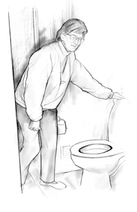 Drawing of an older woman standing in front of the toilet. She is slightly bent over and is lifting the lid on the toilet.