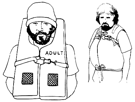 Figura 6 Chalecos salvavidas PFDs de Tipo 1 para ser usados mar adentro. (Fuente: ASGCP [1992]. Reimpreso con permiso. Dibujo realizado por V. Culp) 