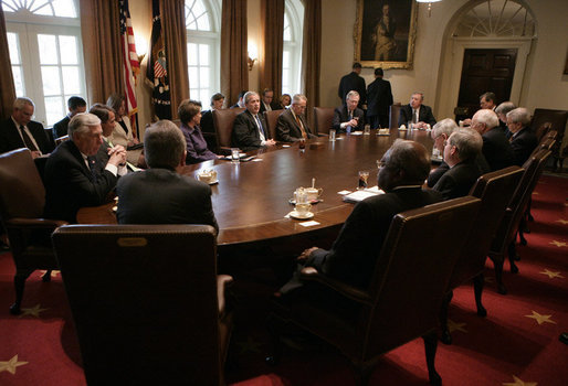 President George W. Bush addresses a meeting with bicameral and bipartisan legislative leaders, including House Speaker Nancy Pelosi and Senate Majority Leader Harry Reid, in the Cabinet Room at the White House, Wednesday, April 18, 2007. White House photo by Eric Draper