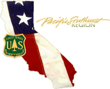 An illustration of the state of California, filled with the American flag and overlaid with the Forest Service shield, that reads Pacific Southwest Region.