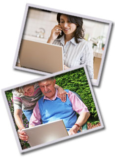 Photos - woman by a computer, couple by a computer