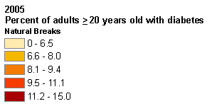 National Surveillance Legend showing percentage of adults with diabetes in 2005 using a Natural Breaks method.