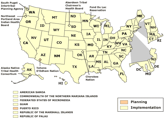 States, tribal organizations, islands, and territories that CDC provides support to as implementation and planning programs.