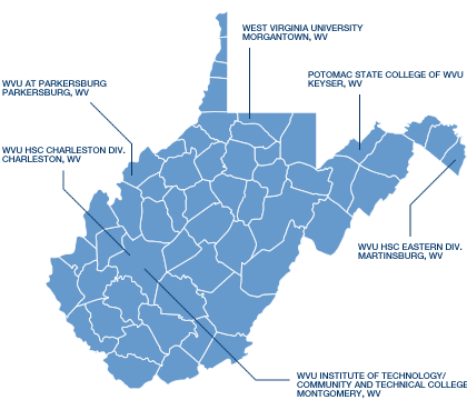 State map showing locations of WVU's campuses