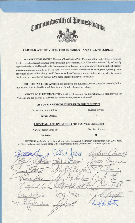 Pennsylvania Certificate of Vote, page 1 of 1