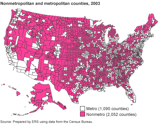 County-level map showing nonmetropolitan counties based on the June 2003 OMB definition.