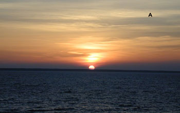 A picture of the setting sun off the coast of Estonia and the letter "A."