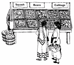 Image of 2 women infront of a food market table displaying squash, beans, and cabbage.