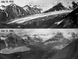 1910-1952 photo comparison of Gulkana Glacier (click for enlargement, 117 KB).