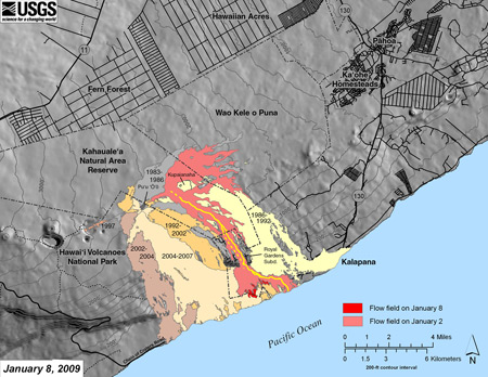 Map showing the extent of the July 21, 2007 eruption flow field, including the Thanksgiving Eve Breakout (TEB) flow, relative to surrounding communities. Light red is the area of the flow as of January 2, 2009, while the bright red shows the flow field expansion on the coastal plain that occurred between January 2 and 8.  