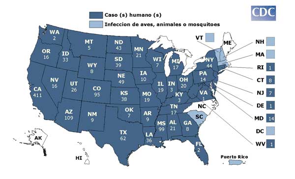 Mapa de actividad del Virus del Nilo Occidental