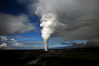 With stagnant winds present, Halema`uma`u plume stands straight up, showing off the distant, but bright, full moon.