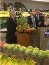 After touring a Kroger supermarket in Cincinnati, HHS Deputy Secretary Tevi Troy speaks with the media about how government and business need to work together to enhance the safety of imported foods and products. He is joined by FDA Commissioner von Eschenbach, HHS Secretary Leavitt, and Ohio Congresswoman Jean Schmidt. Photo by Allyson Bell