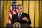 President George W. Bush delivers remarks on the 57th anniversary of the National Day of Prayer Thursday, May 1, 2008, in the East Room of the White House. Said the President, "On this day, Americans come together to thank our Creator for our nation's many blessings. We are a blessed nation. And on this day, we celebrate our freedoms, particularly the freedom to pray in public and the great diversity of faith found in America. I love being the President of a country where people feel free to worship as they see fit. And I remind our fellow citizens, if you choose to worship or not worship, and no matter how you worship, we're all equally Americans."  White House photo by Joyce N. Boghosian