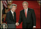 President George W. Bush shakes hands with Japan’s Prime Minister Junichiro Koizumi at the conclusion of their joint press availability Thursday, June 29, 2006, in the East Room of the White House. White House photo by Paul Morse