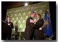 President George W. Bush embraces Secretary of Health and Human Services and former Wisconsin Governor Tommy Thompson after speaking about healthcare reform issues at the Medical College of Wisconsin in Milwaukee, Wis., February 11, 2002. Wisconsin's current governor Scott McCallum is also pictured. White House photo by Paul Morse.