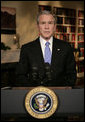 President George W. Bush concludes his address to the nation Wednesday evening, Jan. 10, 2007, from the White House Library, where President Bush outlined a new strategy on Iraq. White House photo by Eric Draper