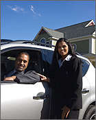 Three photos representing consumers and energy efficiency: a family of four standing in front of a home, a couple with their car, and three men installing solar panels on a roof.