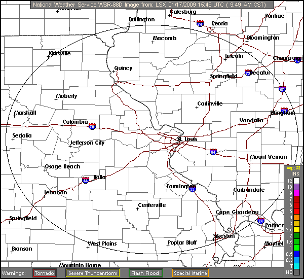 Click for latest Storm Total Precipitation radar loop from the St. Louis, MO radar and current weather warnings