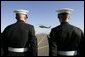 A Marine helicopter carries White House Staff to a New York City landing zone ahead of President George W. Bush, Monday, Sept. 20, 2004.  White House photo by Eric Draper