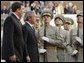 Troops stand at attention as President George W. Bush and Georgian President Mikhail Saakashvili review the troops during an arrival ceremony in Tiblisi Tuesday, May 10, 2005.  White House photo by Paul Morse