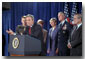 With Secretary of Defense, Donald Rumsfeld by his side, President Bush announces that General Richard B. Myers, center, will be the Chairman of the Joint Chiefs and General Pete Pac, far left, will serve as Vice Chairman of the Joint Chiefs during a press briefing at the Crawford Community Center, Aug. 24. White House photo by Moreen Ishikawa.