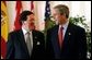 President George W. Bush talks with NATO Secretary General Lord George Robertson at the beginning of the North Atlantic Council Summit in Prague, Czech Republic, Thursday, Nov. 21.  White House photo by Paul Morse