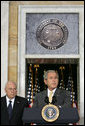 President George W. Bush stands with his economic advisors as he delivers a statement to the press Wednesday, Aug. 8, 2007, at the U.S. Department of Treasury in Washington, D.C. "We discussed our thriving economy and what we need to do to keep it that way," said President Bush. "We care a lot about whether our fellow citizens are working, and whether or not they've got money in their pockets to save, spend, or invest as they see fit." White House photo by Chris Greenberg