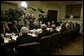 President George W. Bush addresses the press after meeting with economists in the Roosevelt Room Jan. 21, 2003. "We had a great discussion about the plan that I laid out for the Congress to consider and to enact, a plan which focuses on job creation, a plan which recognizes that money in the consumers' pocket will help grow this economy, a plan that recognizes there are some long-term things we can do to make sure the investor feels comfortable taking risks in America," said the President to the media.  White House photo by Paul Morse