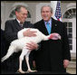 President George W. Bush is joined by Lynn Nutt of Springfield, Mo., as he poses with “Flyer” the turkey during a ceremony Wednesday, Nov. 22, 2006 in the White House Rose Garden, following the President’s pardoning of the turkey before the Thanksgiving holiday.  White House photo by Paul Morse