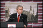 President George W. Bush delivers remarks Tuesday, Nov. 28, 2006, at Latvia University in Riga, Latvia. The President thanked the people of Latvia for accommodating the world leaders to the NATO summit and thanked President Vike-Freiberga and her government for a "spectacular job." White House photo by Paul Morse