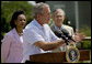 President George W. Bush briefs the media after meetings with the Defense and Foreign Policy teams Thursday, Aug. 11, 2005, at the Bush Ranch in Crawford, Texas. Secretary of State Condoleezza Rice and Secretary of Defense Donald Rumsfeld look on.  White House photo by Eric Draper