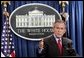 Spending almost an hour discussing the nation's topics, President George W. Bush talks with reporters in the James S. Brady Press Briefing Room at the White House Wednesday, March 16, 2005.  White House photo by Paul Morse