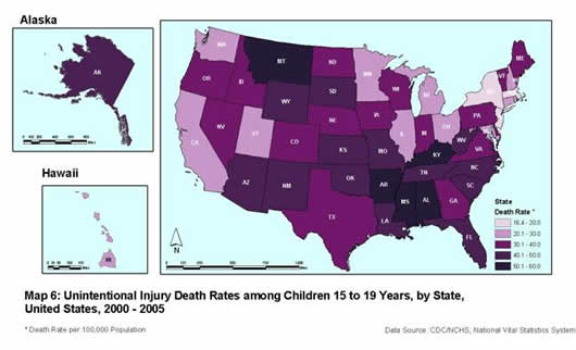 Map 6: Unintentional Injury Death Rates among Children 15 to 19 Years, Mapped by State, United States, 2000 – 2005