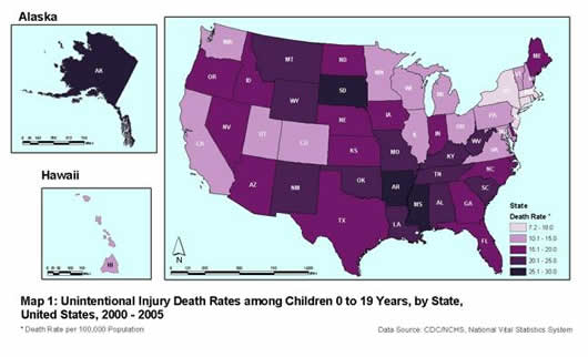 Map 1: Unintentional Injury Death Rates among Children 0 to 19 Years, Mapped by State, United States, 2000 – 2005