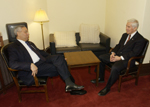 Senator Lugar meeting with Secretary of State Colin Powell before Secretary Powell testifies in front of the Foreign Relations Committee.