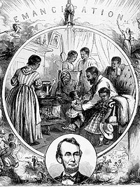 Thomas Nast's celebration of the emancipation of Southern slaves with the end of the Civil War. 