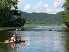 USFWS employee in watching several young people learning to kayak