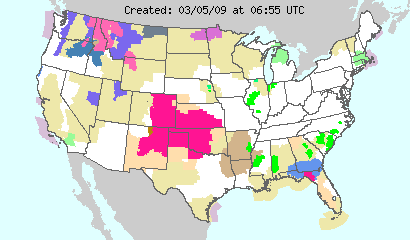 Watches, warnings, advisories and statements issued by the National Weather Service for the lower 48 states.