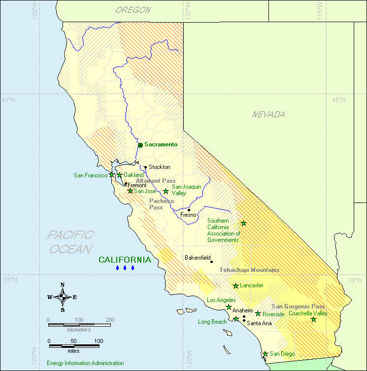 This map of California shows the potential for solar, geothermal, and wind energy, as well as indicators of hydroelectric, biomass, and wood energy potential.
If you have trouble reading this map, please call 1-202-586-8800.