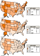 Figure 3-7. Respirable quartz: Geometric mean metal/nonmetal mining exposures by state, MSHA samples, 1979–2003