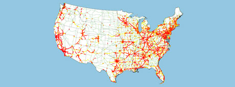 Map of the continental United States showing many highways along the West Coast and in eastern half of the country predicted to be highly congested during peak periods in 2035