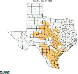 Map of below normal 7-day average streamflow compared to historical streamflow for the day of year.