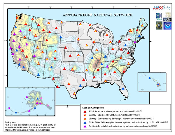 ANSS backbone stations on hazard map