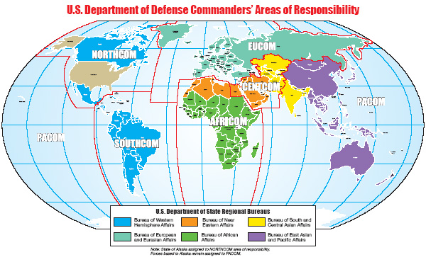 Clickable map shows the world divided into State Dept. regional bureas by colors and  Defense Dept. Combatant Commands area of responsibility delineated by line.